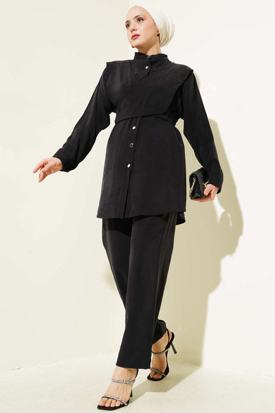 Shoulder Tie Tencel Two Piece Suit Black