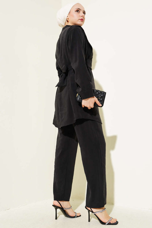 Shoulder Tie Tencel Two Piece Suit Black