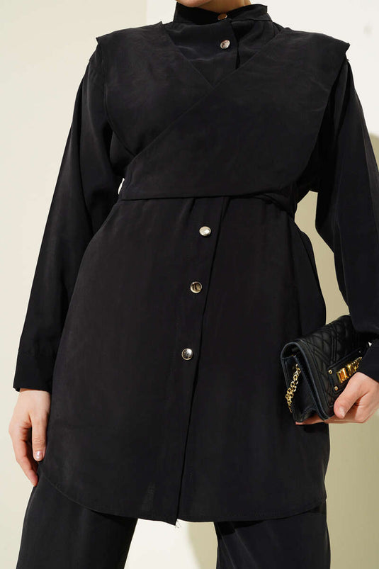 Shoulder Tie Tencel Two Piece Suit Black