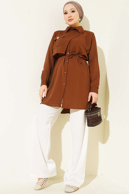 Bruine Schouderblouse Met Knopen En Zakken
