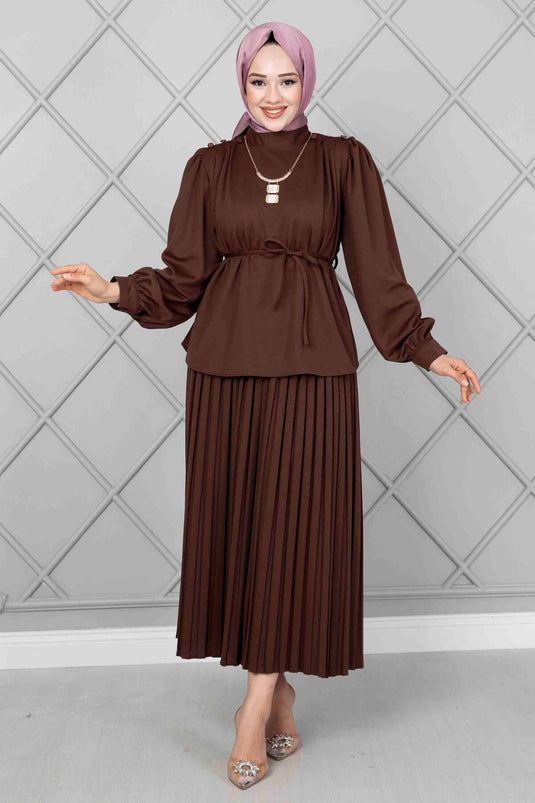 Shoulder Button Detail Modest Two-Piece Set Brown