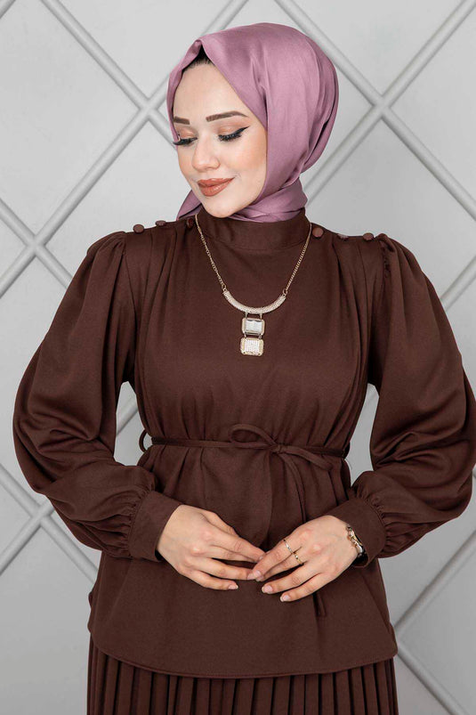 Shoulder Button Detail Modest Two-Piece Set Brown