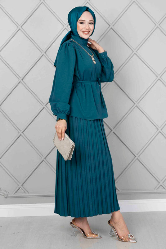 Petrol Color Two-Piece Set with Button Detail on the Sleeve
