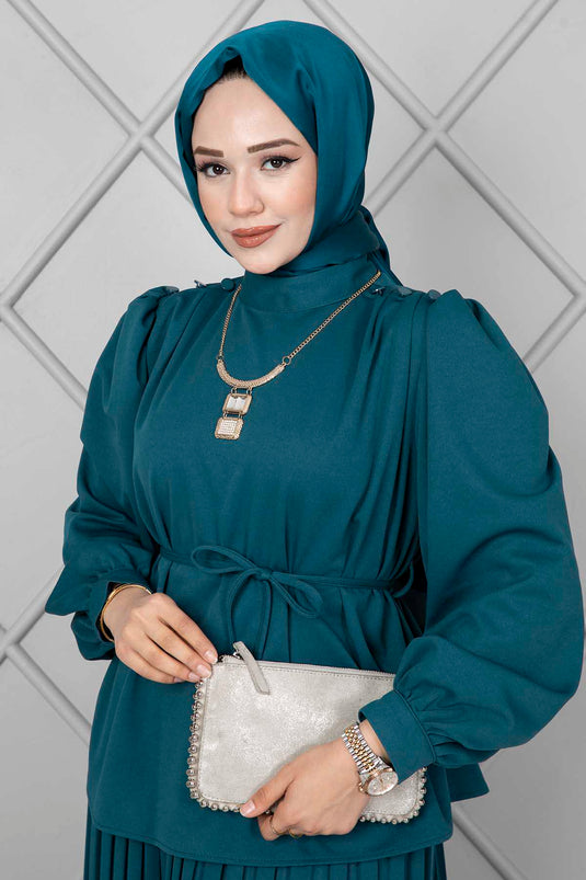 Petrol Color Two-Piece Set with Button Detail on the Sleeve