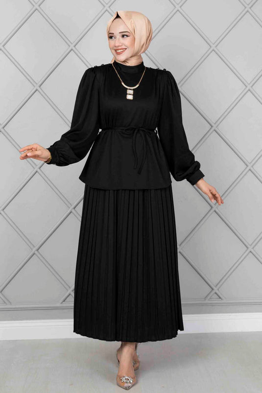 Shoulder Button Detail Modest Two-Piece Set Black