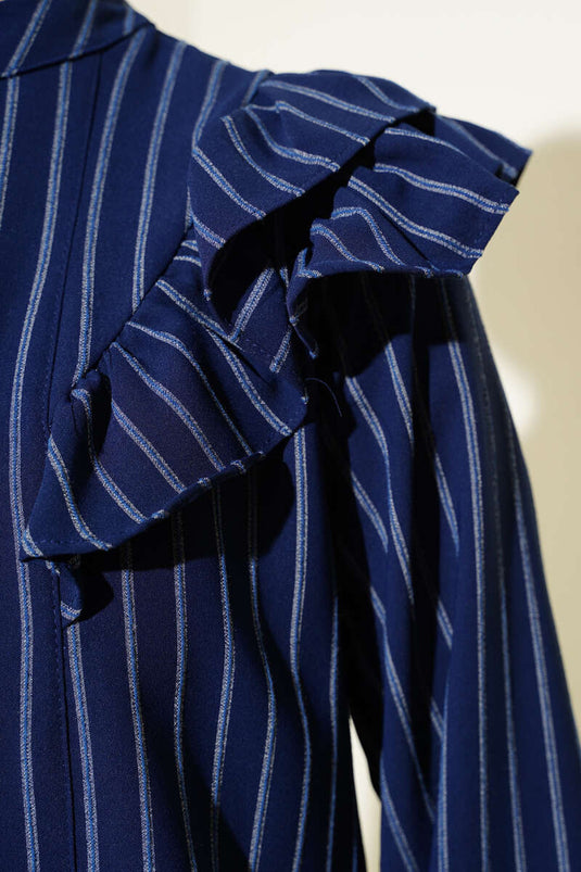 Omuzları Fırfırlı Çizgili Tunik Lacivert