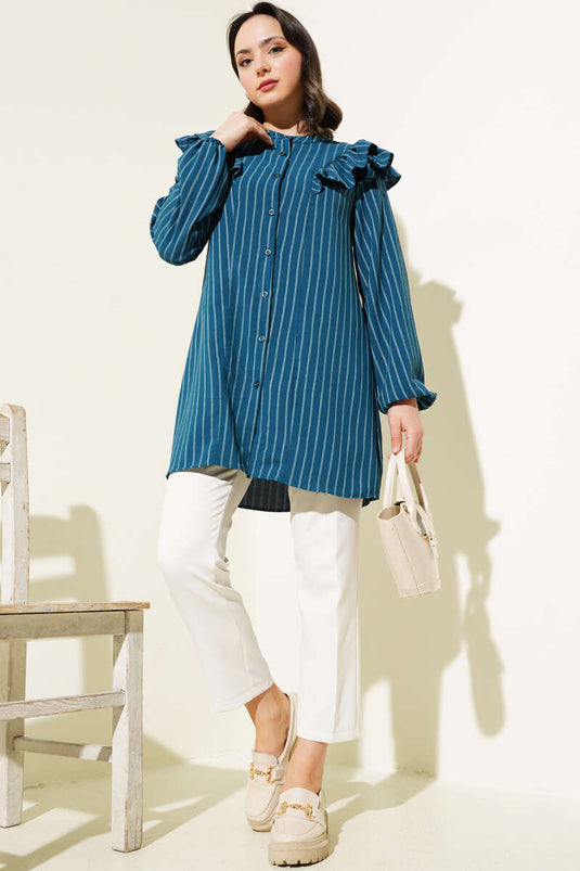 Ruffled Shoulder Striped Tunic Emerald