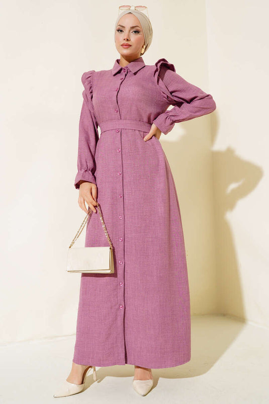 Omuzları Fırfırlı Keten Elbise Gül Kurusu