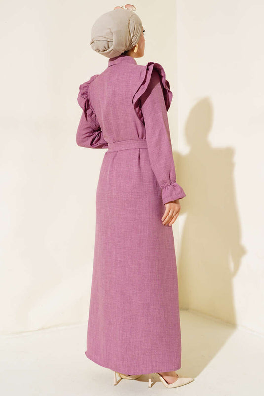 Omuzları Fırfırlı Keten Elbise Gül Kurusu