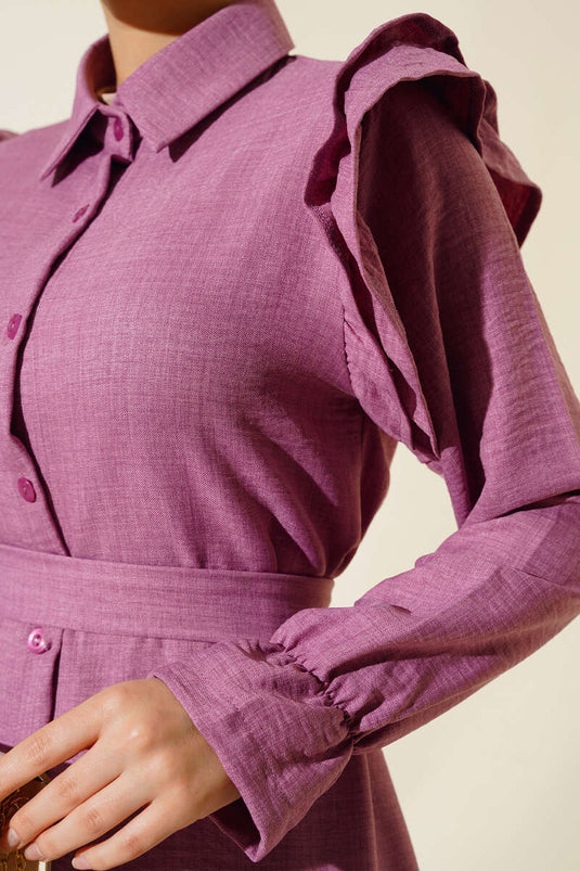 Omuzları Fırfırlı Keten Elbise Gül Kurusu