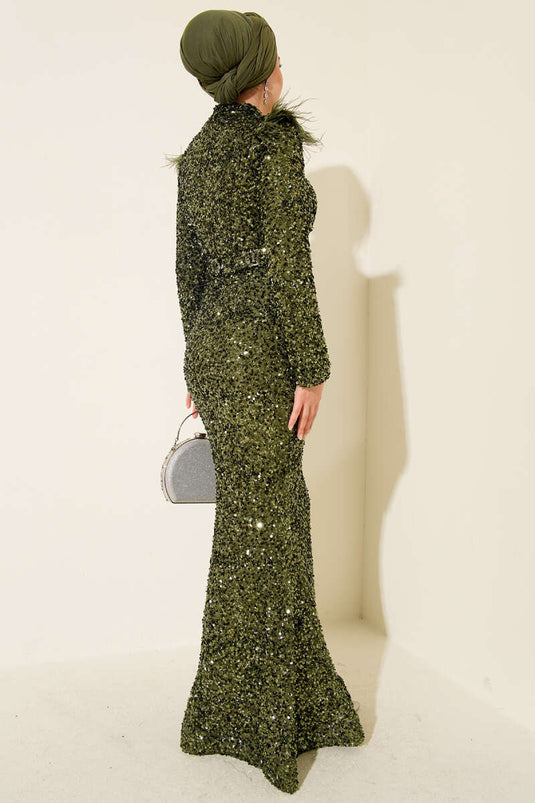 Haki Feathered Shoulder Sequin Evening Dress