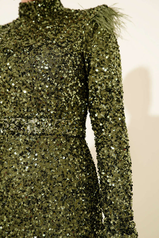 Haki Feathered Shoulder Sequin Evening Dress