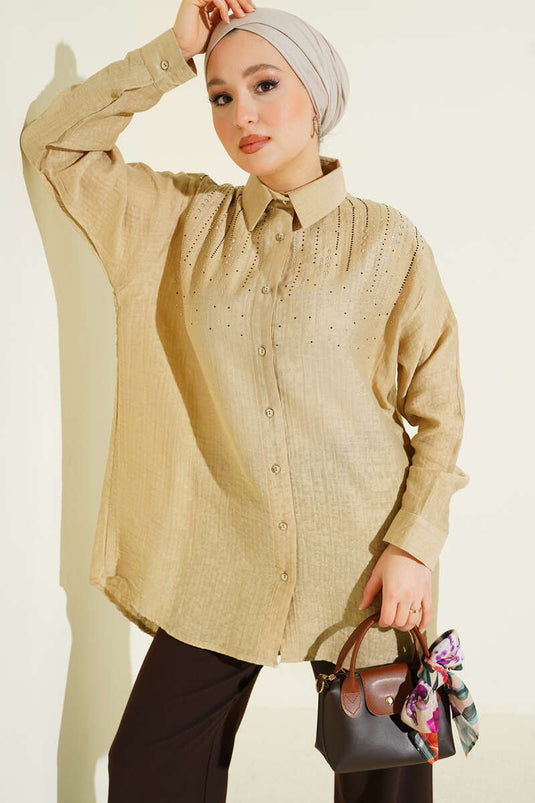 Omuzu Taş Sıralı Gömlek Bej