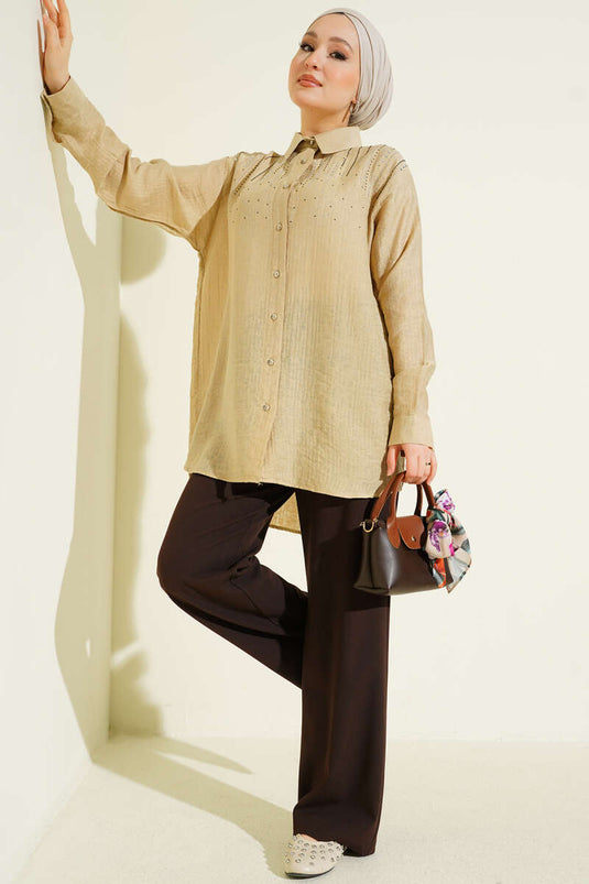 Omuzu Taş Sıralı Gömlek Bej