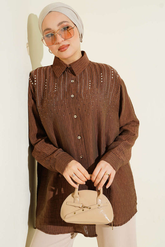 Shirt with Shoulder Stone Rows Brown