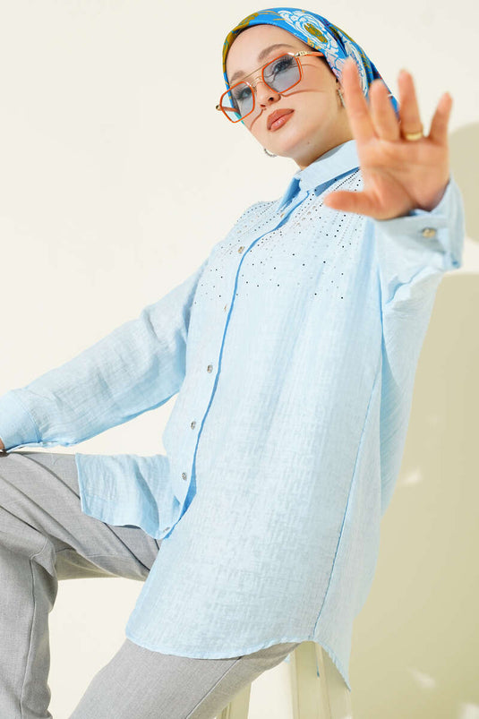 Omuzu Taş Sıralı Gömlek Mavi