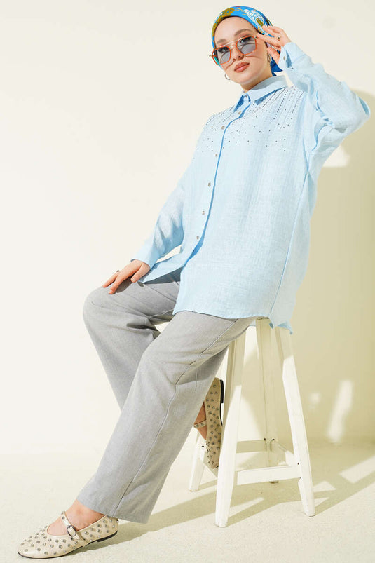 Omuzu Taş Sıralı Gömlek Mavi