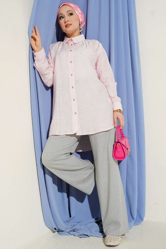 Omuzu Taş Sıralı Gömlek Pembe