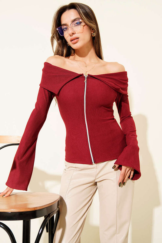 Chemisier à épaules dénudées et fermeture éclair, bordeaux.