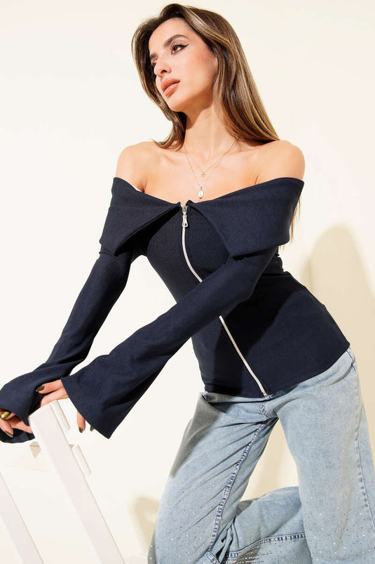 Off-shoulder zip-up blouse, navy blue.
