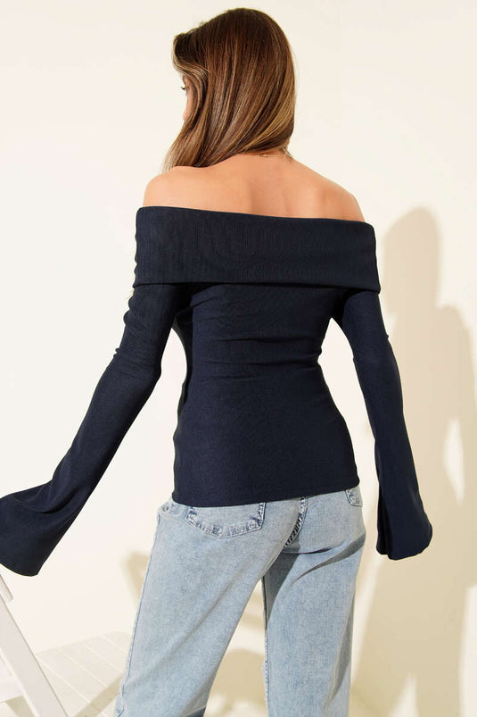Off-shoulder zip-up blouse, navy blue.
