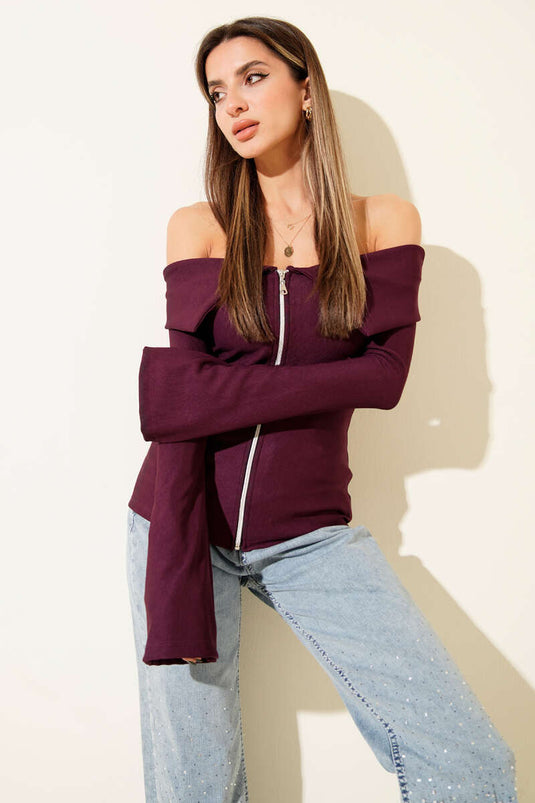 Omzu Açık Fermuarlı Bluz Mürdüm