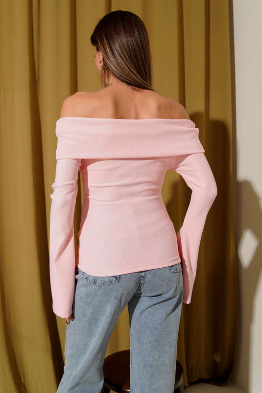 Off-shoulder zip-up blouse, pink.