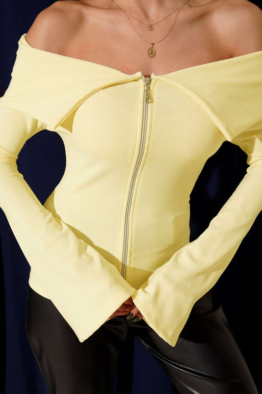 Chemisier jaune à épaules dénudées et fermeture éclair