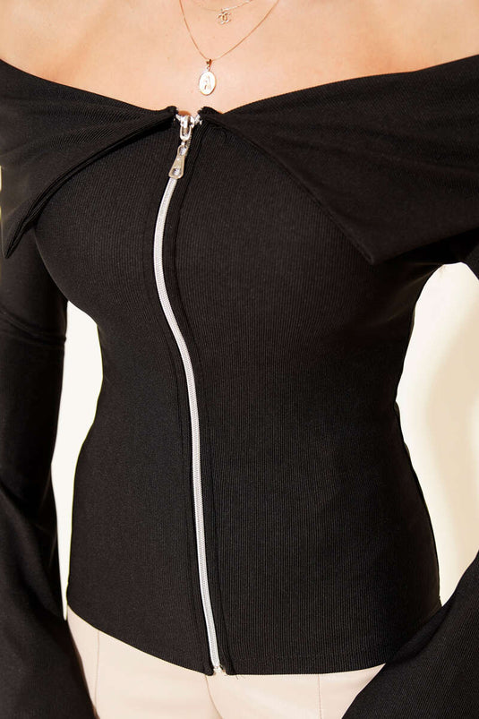 Off-Shoulder Zip-Up Blouse, Black