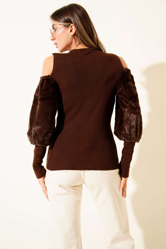 Off-the-shoulder, bearded sweater, coffee color.