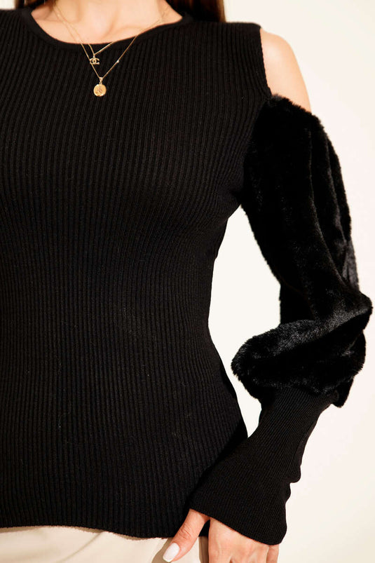 Off-the-shoulder, bearded sweater, black.