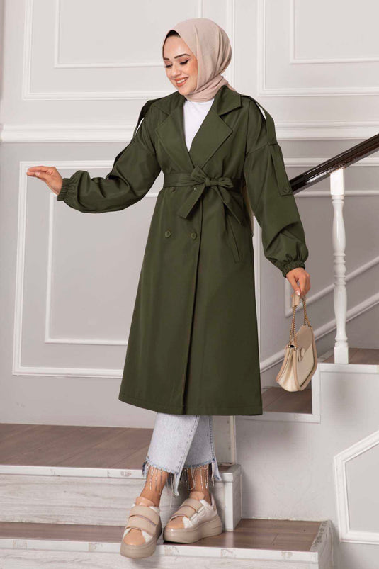 Omzu Apoletli Düğmeli Trenç Haki