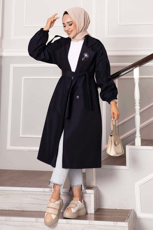 Navy Blue Buttoned Trench with Shoulder Epaulettes