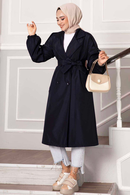 Navy Blue Buttoned Trench with Shoulder Epaulettes
