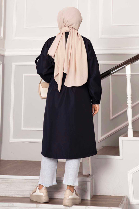 Navy Blue Buttoned Trench with Shoulder Epaulettes