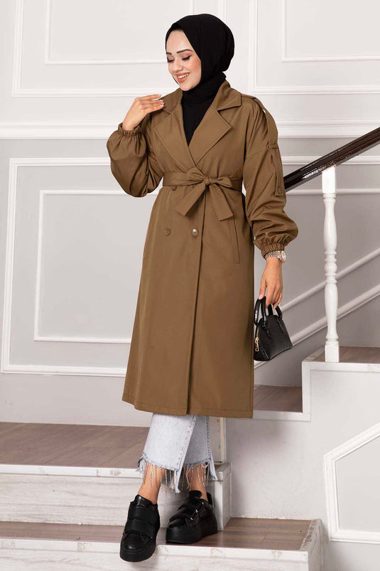 Buttoned Trench Coat with Shoulder Epaulettes in Tan