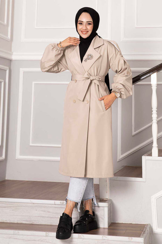 Shoulder Epaulet Buttoned Trench Coat With Stones