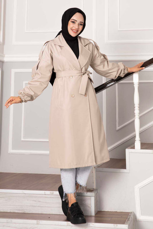 Buttoned Trench Coat with Shoulder Epaulettes Stone
