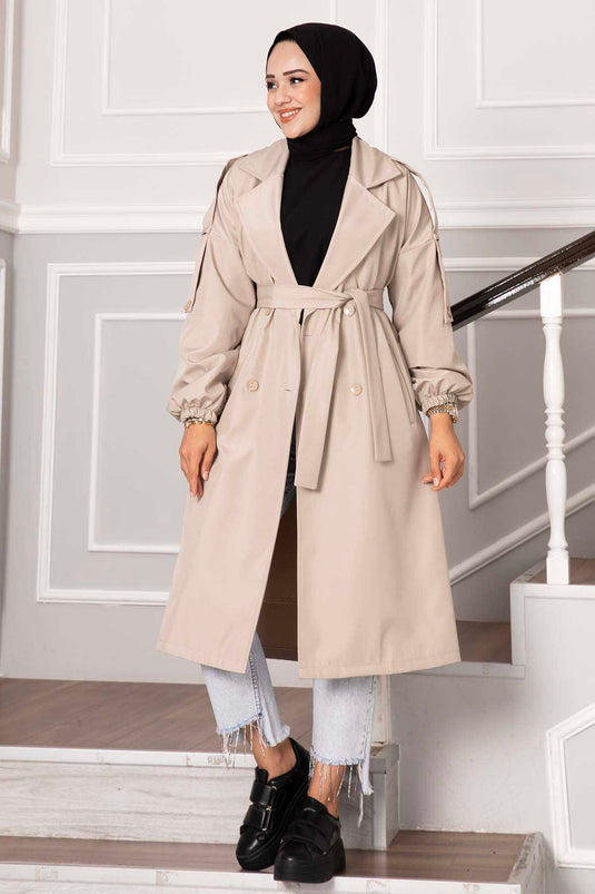 Buttoned Trench Coat with Shoulder Epaulettes Stone