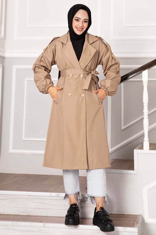 Buttoned Trench Coat with Shoulder Epaulettes in Beige