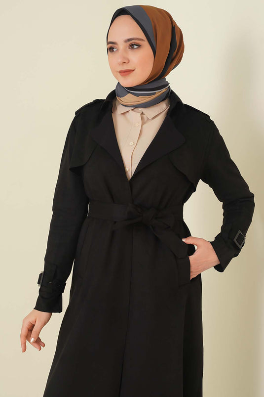 Trench-coat en daim avec épaulettes sur les épaules noir