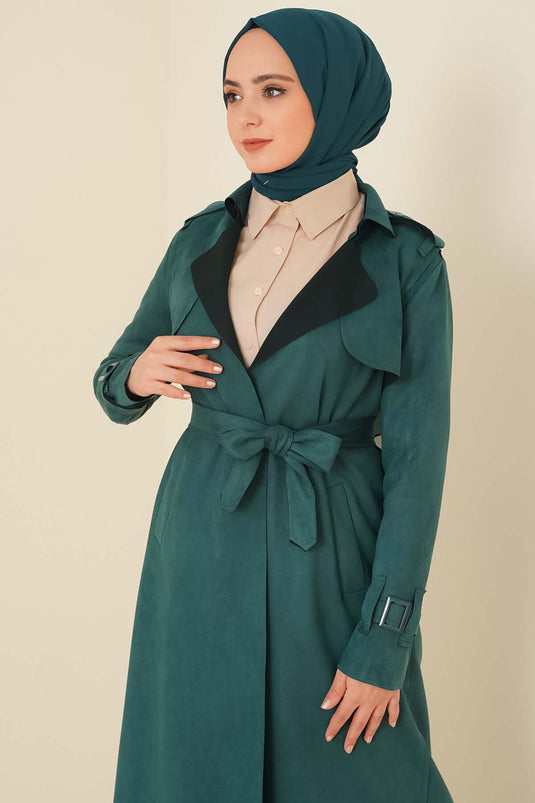 Wildleder-Trenchcoat mit Schulterklappen in Smaragdgrün