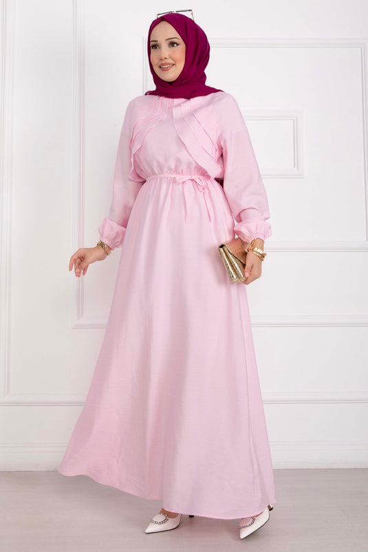 Omzu Fırfır Detaylı Kuşaklı Elbise Pembe