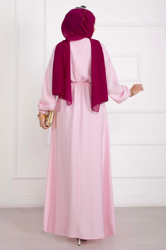Omzu Fırfır Detaylı Kuşaklı Elbise Pembe