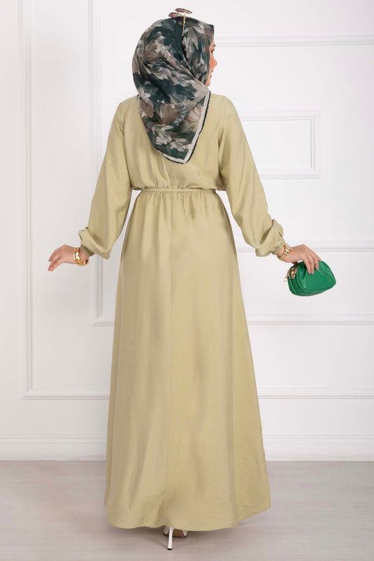 Omzu Fırfır Detaylı Kuşaklı Elbise Yeşil Olive