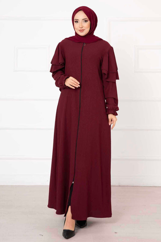 Omzu Fırfırlı Kolu Büzgülü Ferace Bordo