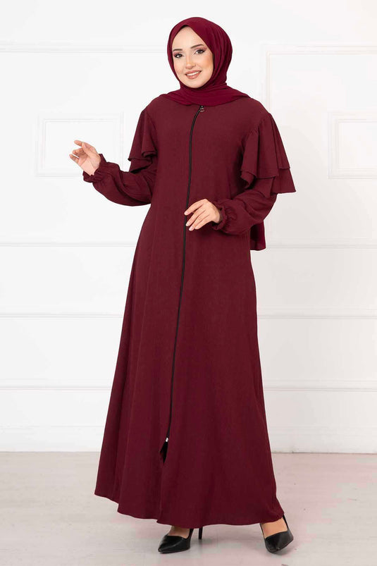 Burgundy Ruffled Sleeve Gathered Abaya