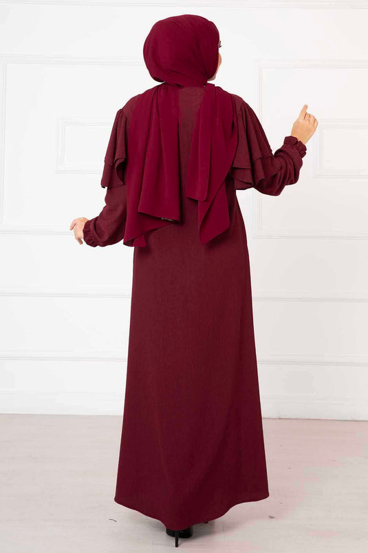 Burgundy Ruffled Sleeve Gathered Abaya