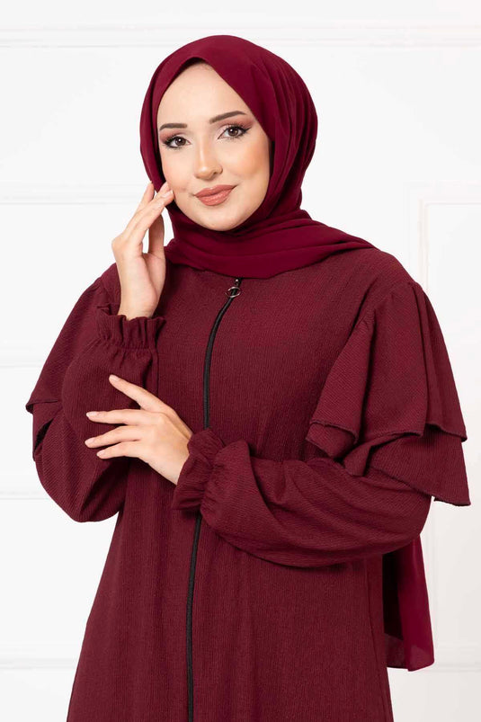 Omzu Fırfırlı Kolu Büzgülü Ferace Bordo