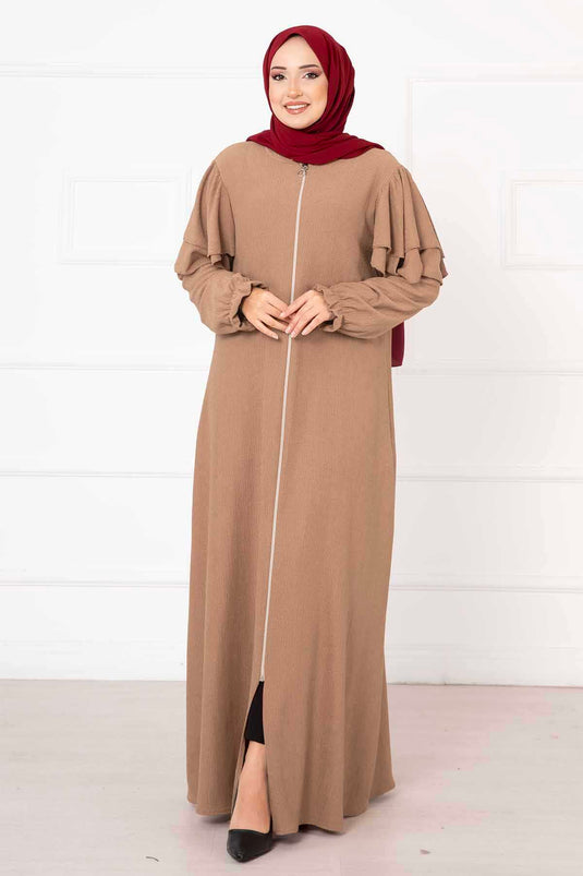 Omzu Fırfırlı Kolu Büzgülü Ferace Camel